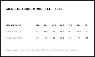 Size chart for 'Mens Classic Minus Tee' with measurements in centimeters.